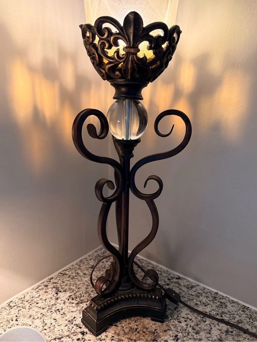 Elegant Amber Glass Table Lantern with Ornate Bronze-Finish Base